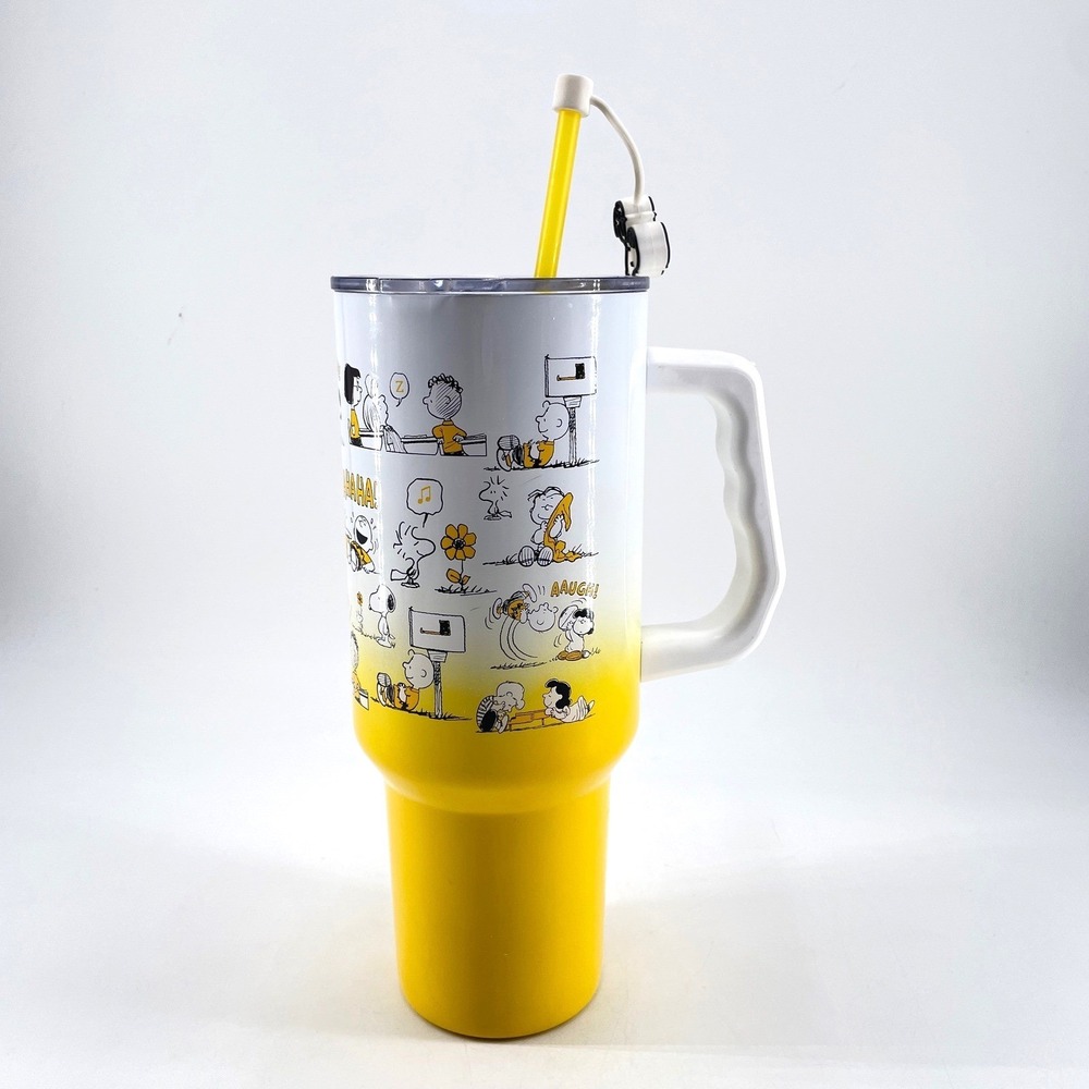 Iconic Peanuts Snoopy 40oz Insulated Tumbler Handle Straw Buffalo Yellow White